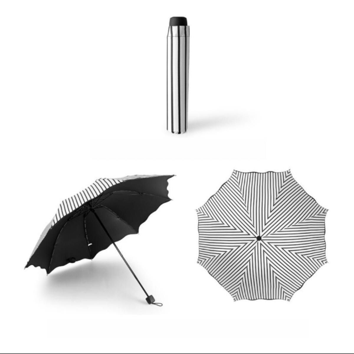 2本セット★ストライプ 日傘 完全遮光 UVカット 晴雨兼用 折りたたみ傘 軽量 白 黒 遮光 撥水加工 紫外線対策 ピンク 水色