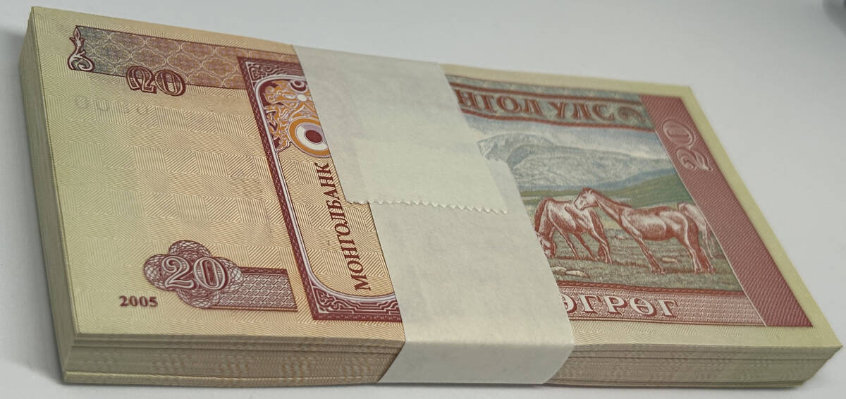 未使用 モンゴル紙幣 300枚 [10トゥグルグ／20トゥグルグ／50トゥグルグ 各100枚束×３] セットの画像6