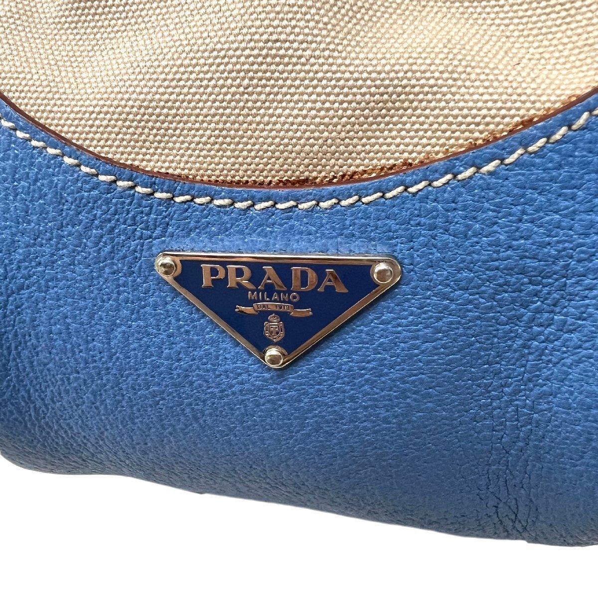 PRADA　プラダ　バッグ　ヴィンテージ　キャンバス　レザー　ショルダー　BR0810　バックル　バンド　ブルー　ベージュ_画像9