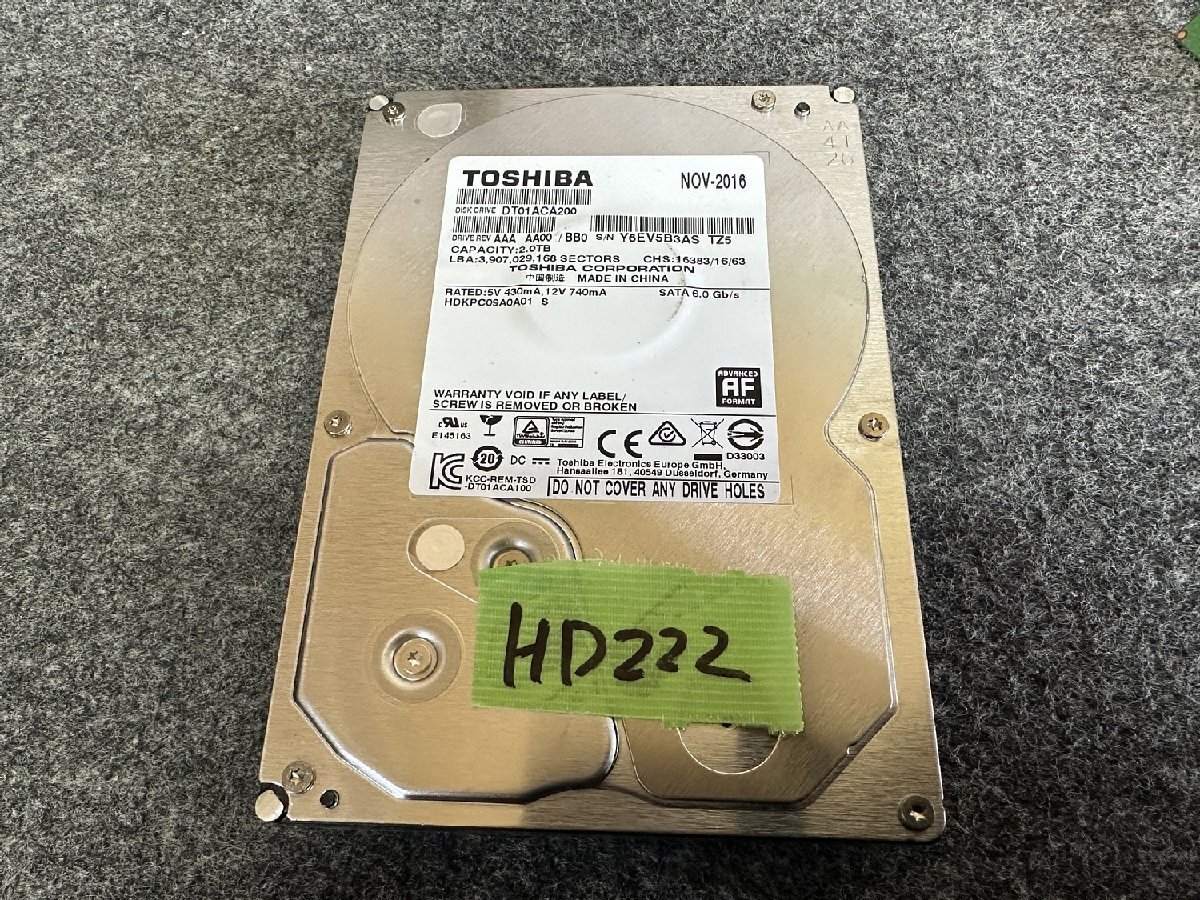 【送60サイズ】 TOSHIBA DT01ACA200 2TB 使用3541時間 3.5インチSATA HDD 中古品の画像1