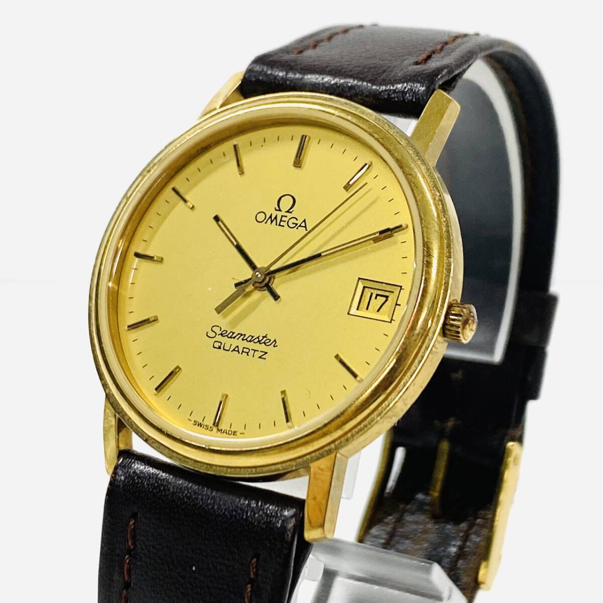 C616-Z1-1177 ◎ OMEGA オメガ Sermaster シーマスター デイト クオーツ 3針 メンズ 腕時計 ゴールド文字盤 時計 ウォッチ ヴィンテージ ④の画像2