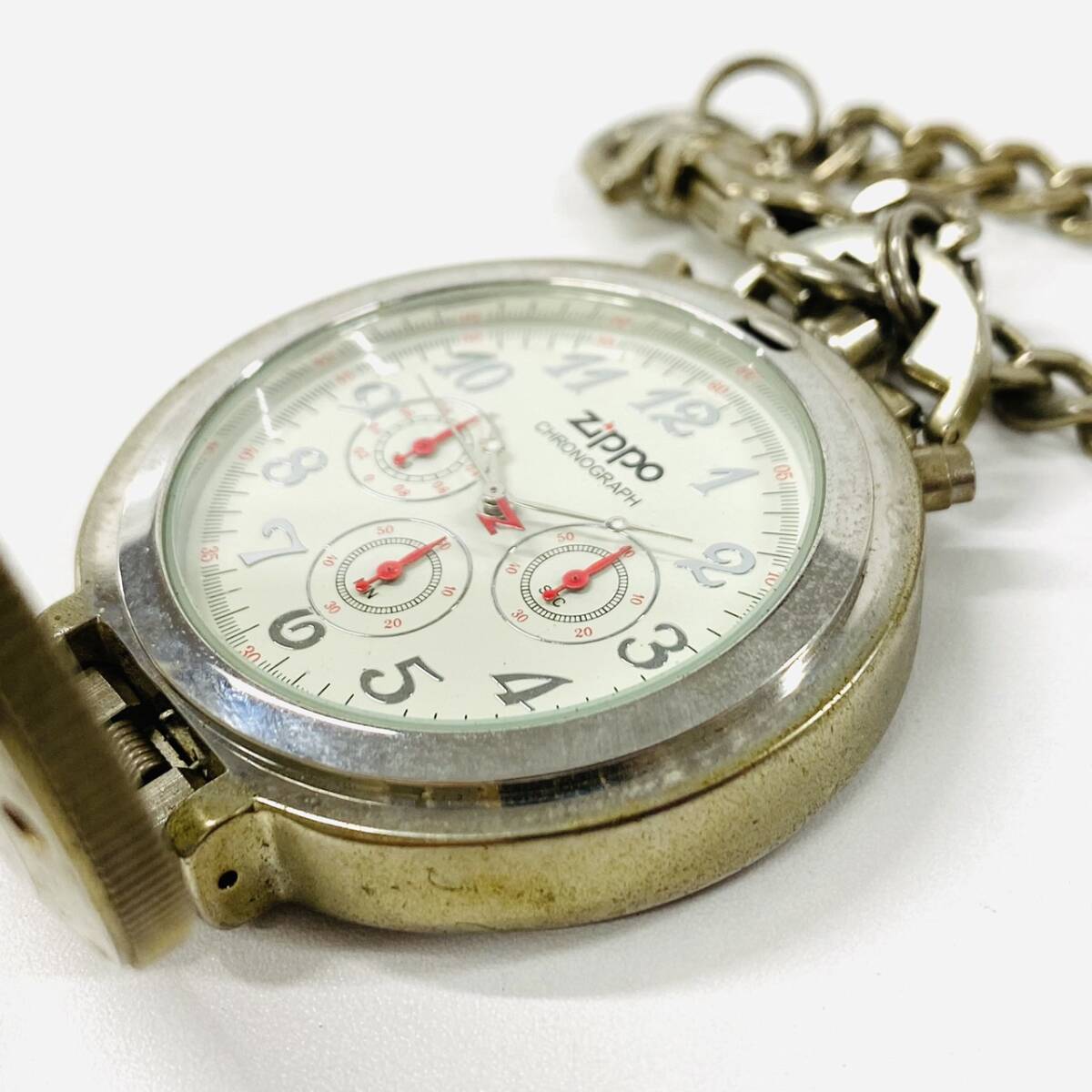 E604-Z9-526 * zippo Zippo TIME POCKET time pocket series 06 chronograph quarts pocket watch chain attaching 3 hands silver clock ④