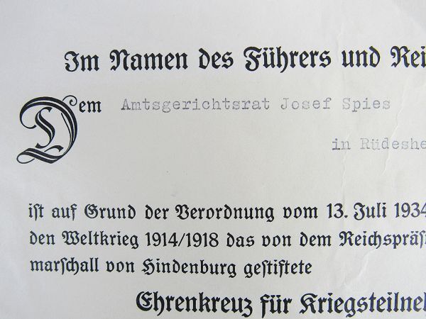 第二次大戦中実物 ドイツ軍 ヒンデンブルグクロス 勲記の画像2