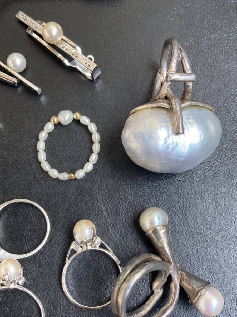 天然 真珠 パール アクセサリー ブローチ リング 指輪 イヤリング タイピンSILVER刻印約175gの画像7