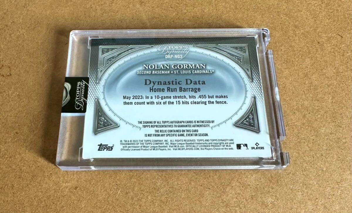 2023 Topps Dynasty Nolan Gorman ノーランゴーマン 3-Color Game Used PATCH AUTO 10枚限定 直書き RC Cardinals サイン カージナルスの画像2