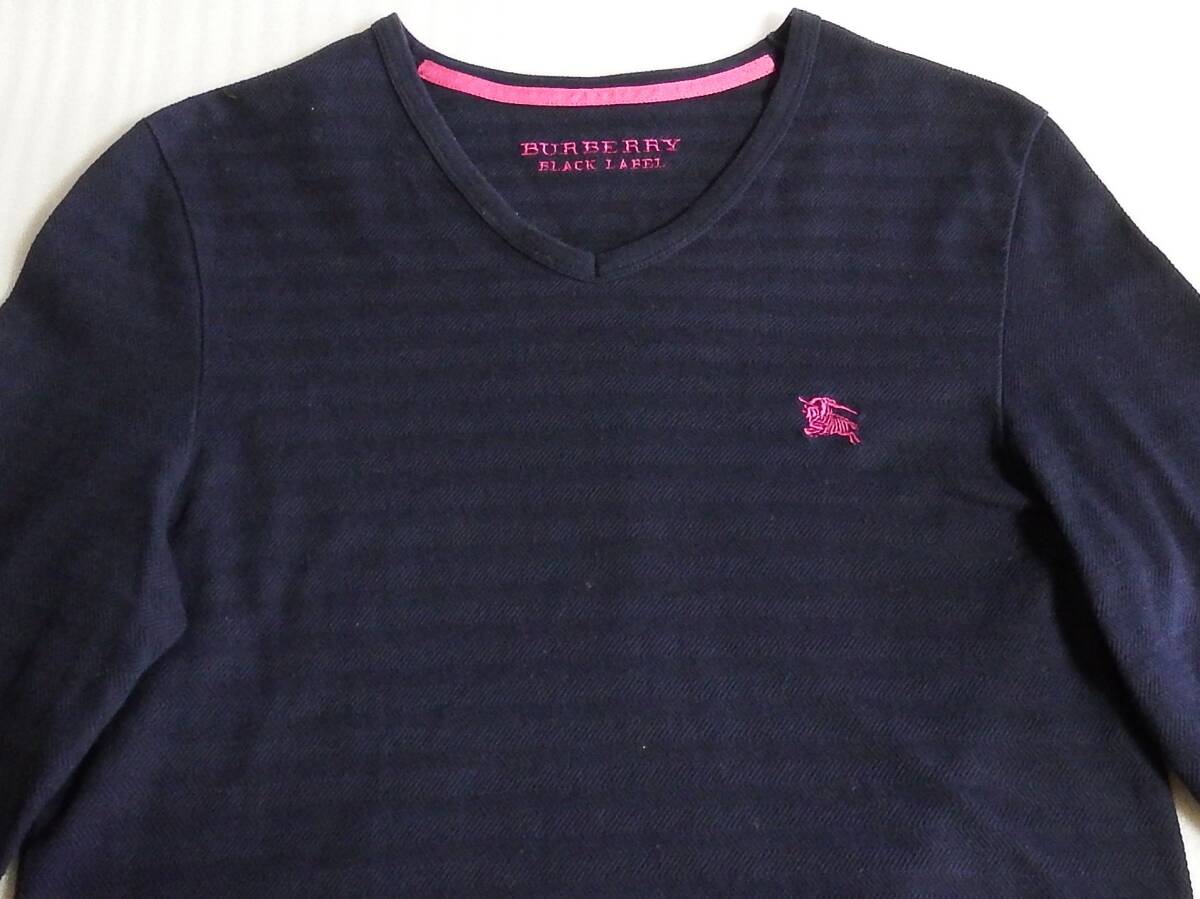 【送料無料】 バーバリーブラックレーベル ホース刺繍 レイヤード 長袖カットソー Tシャツ サイズ2 ネイビー/ピンク BURBERRY