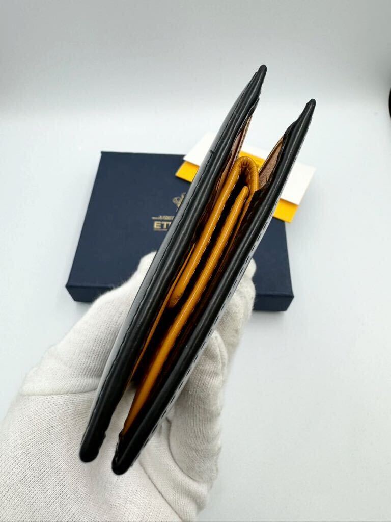 極美品 エッティンガー 二つ折り財布 ブラック イエロー ブライドルレザー 小銭入れ付き メンズ カードケース コインケースの画像8