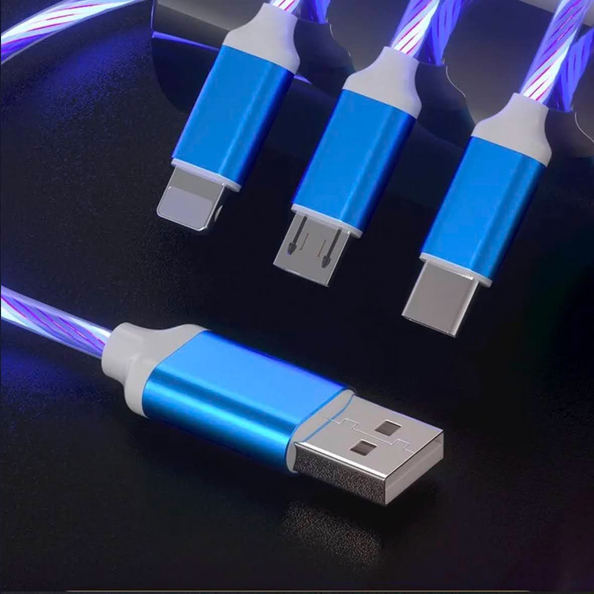 *未使用品*3in1 3A光るLED/マイクロUSB/タイプcケーブル/iphone/電話充電ケーブル［グリーン］【Y797】