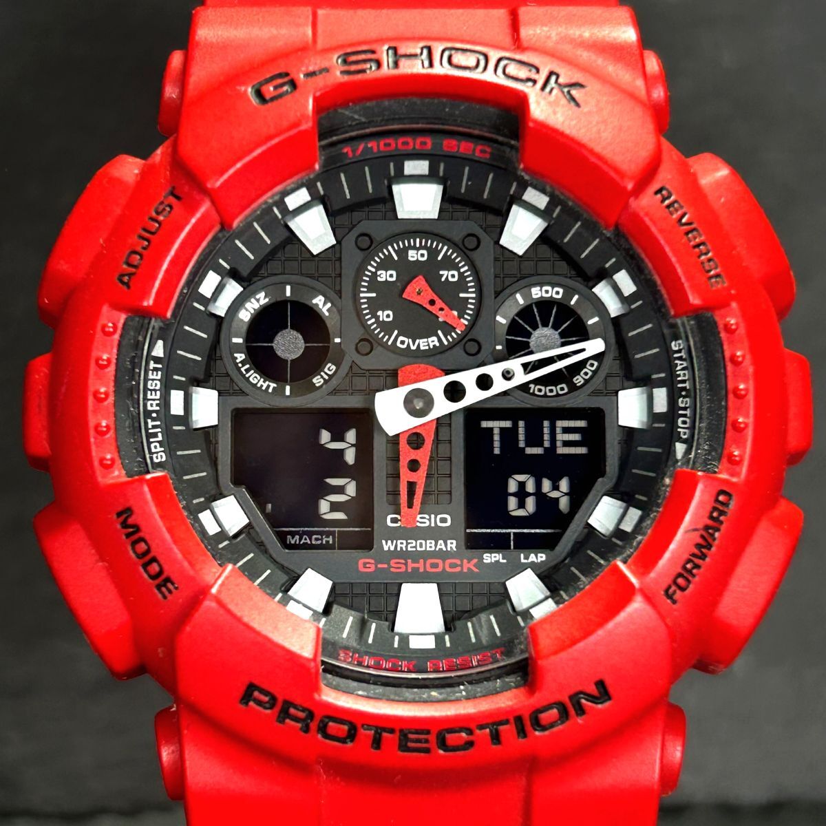 美品 CASIO カシオ G-SHOCK ジーショック GA-100B-4A 腕時計 クオーツ アナデジ 多機能 レッド ステンレススチール メンズ 新品電池交換済_画像3