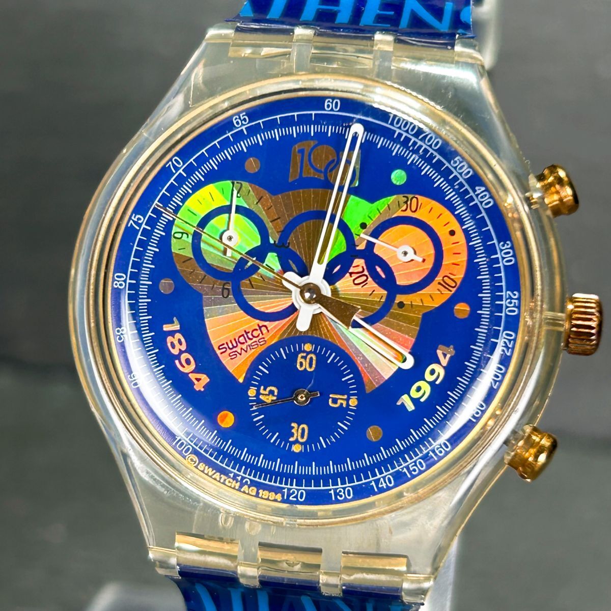 美品 1994年 SWATCH スウォッチ CHRONO クロノ オリンピック100周年記念限定モデル AG1994 腕時計 クオーツ クロノグラフ 新品電池交換済みの画像2