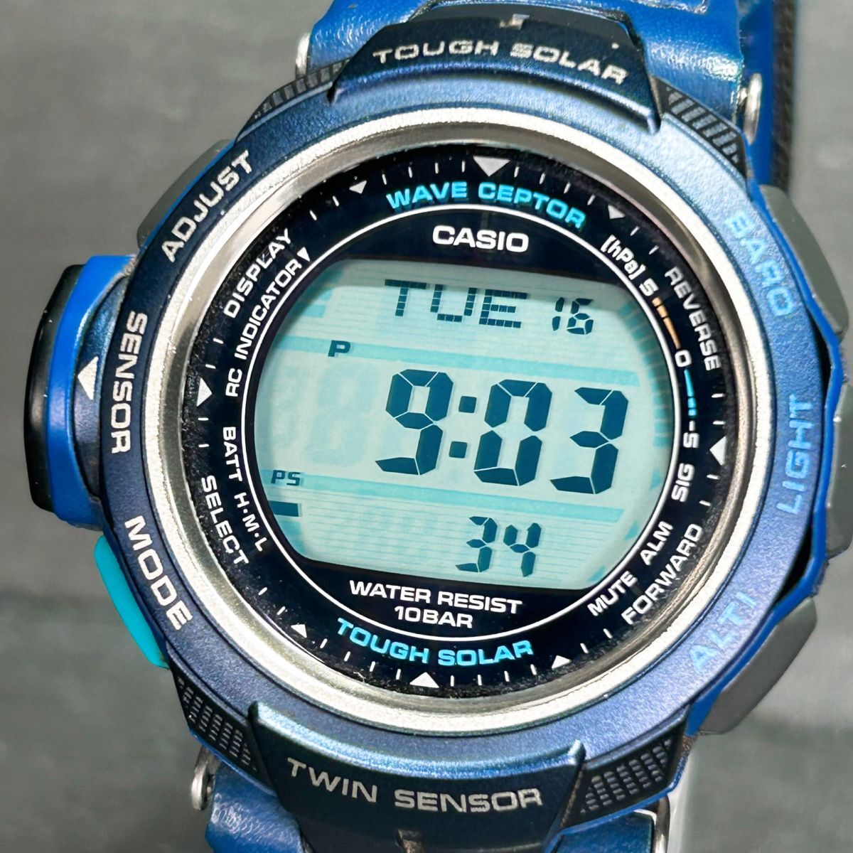 美品 CASIO カシオ PRO TREK プロトレック PRW-500BEJ-2 腕時計 タフソーラー 電波ソーラー デジタル 多機能 ブルー メンズ 動作確認済みの画像2