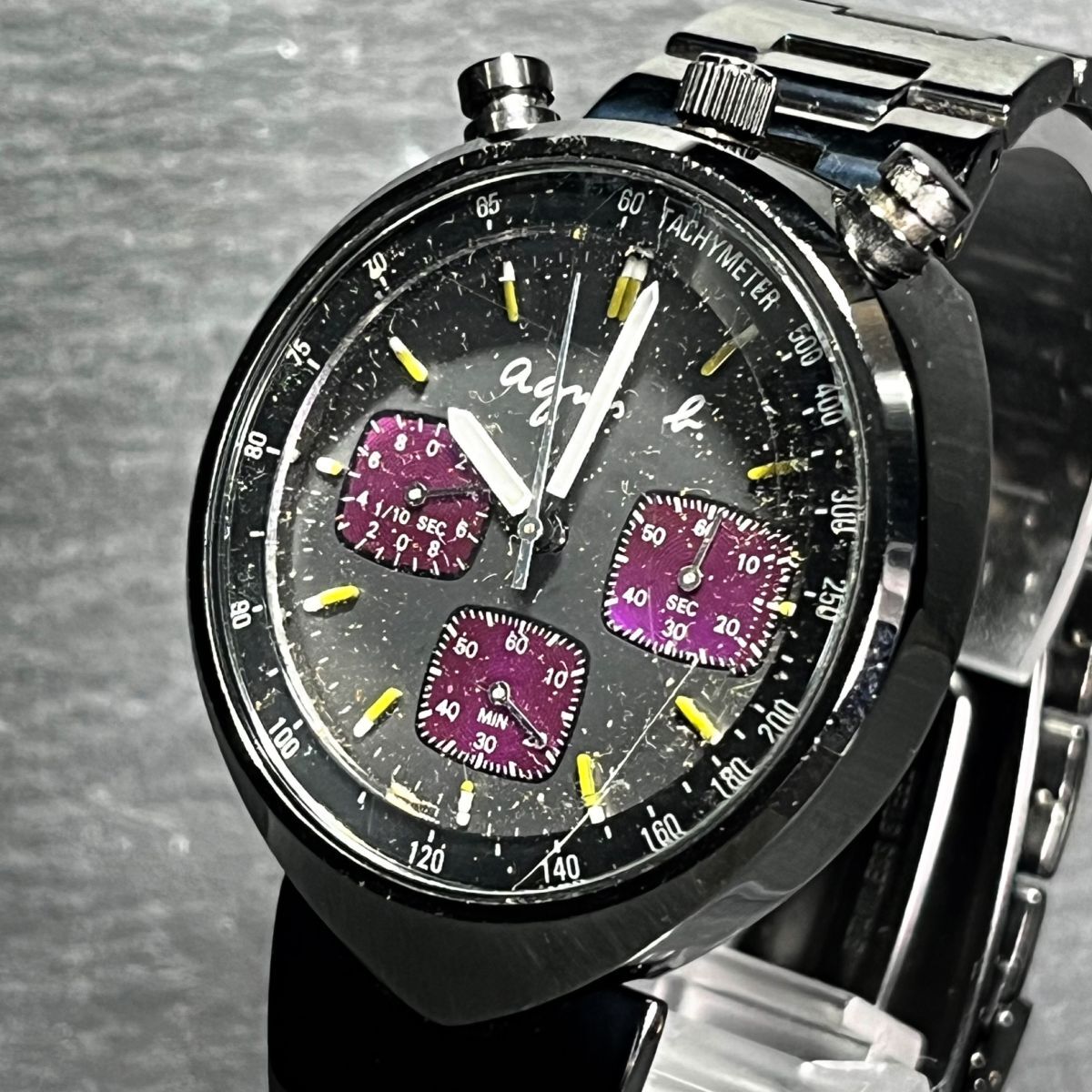 agnes b. アニエスベー Bullhead ブルヘッド V655-7010 メンズ 腕時計 アナログ クオーツ クロノグラフ ブラック バイオレット ステンレスの画像2