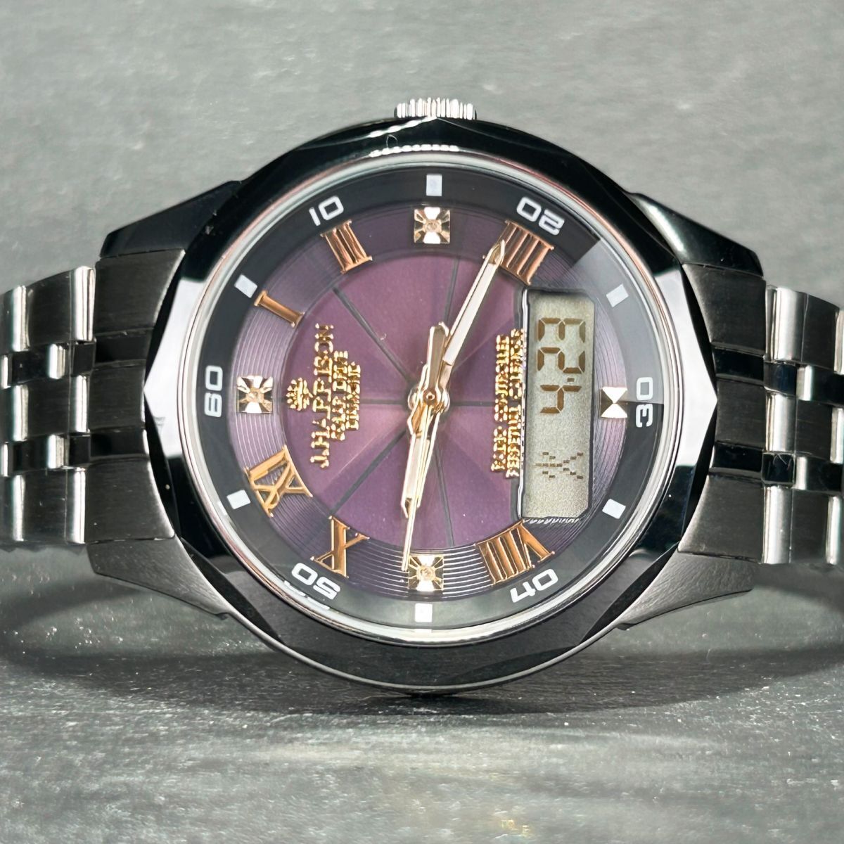 新品 J.HARRISON ジョンハリソン JH-071M ブラック×ゴールド文字盤 腕時計 電波ソーラー アナデジ 3石天然ダイヤモンド付 8面カットガラスの画像6