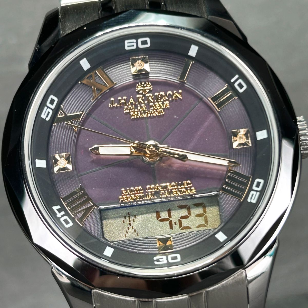 新品 J.HARRISON ジョンハリソン JH-071M ブラック×ゴールド文字盤 腕時計 電波ソーラー アナデジ 3石天然ダイヤモンド付 8面カットガラスの画像1