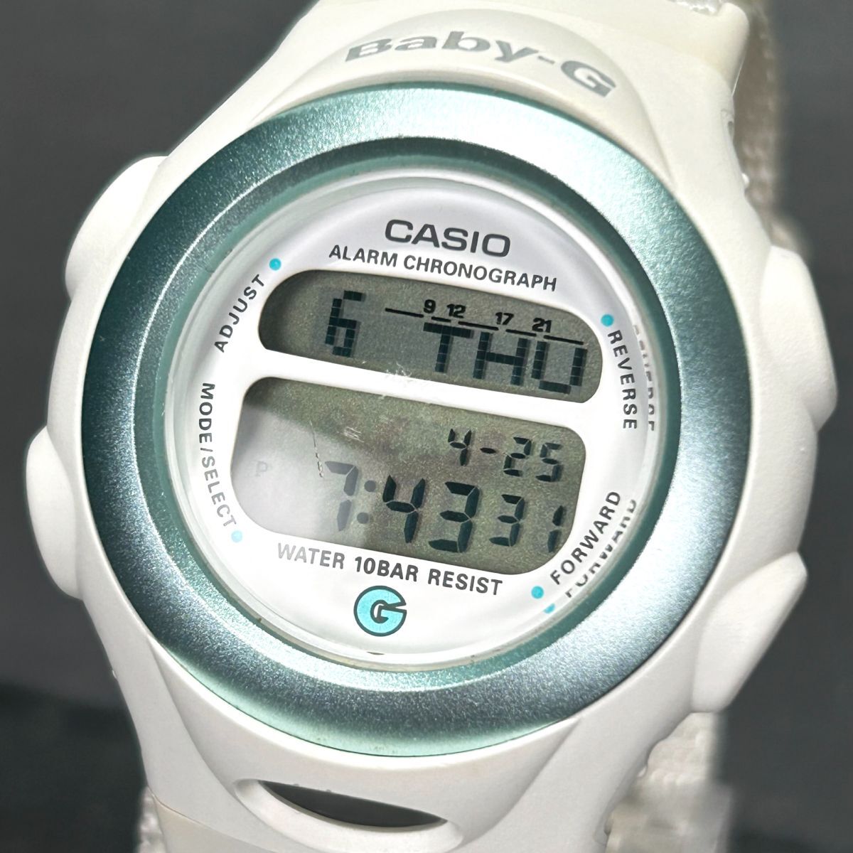 美品 CASIO カシオ Baby-G ベビージー File ファイル BG-097 腕時計 クオーツ デジタル 多機能 ホワイト 布製ベルト ラウンド 電池交換済み