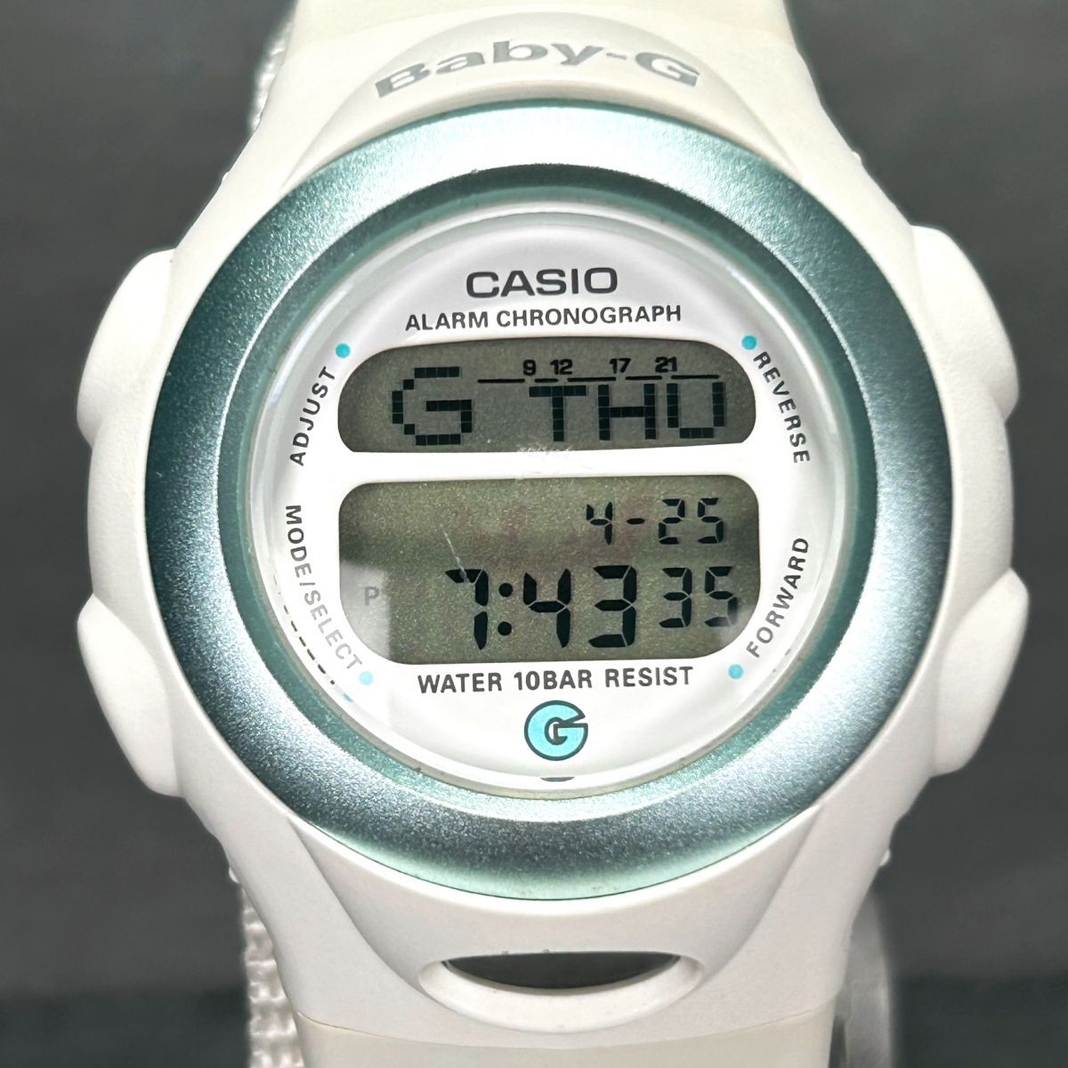 美品 CASIO カシオ Baby-G ベビージー File ファイル BG-097 腕時計 クオーツ デジタル 多機能 ホワイト 布製ベルト ラウンド 電池交換済み