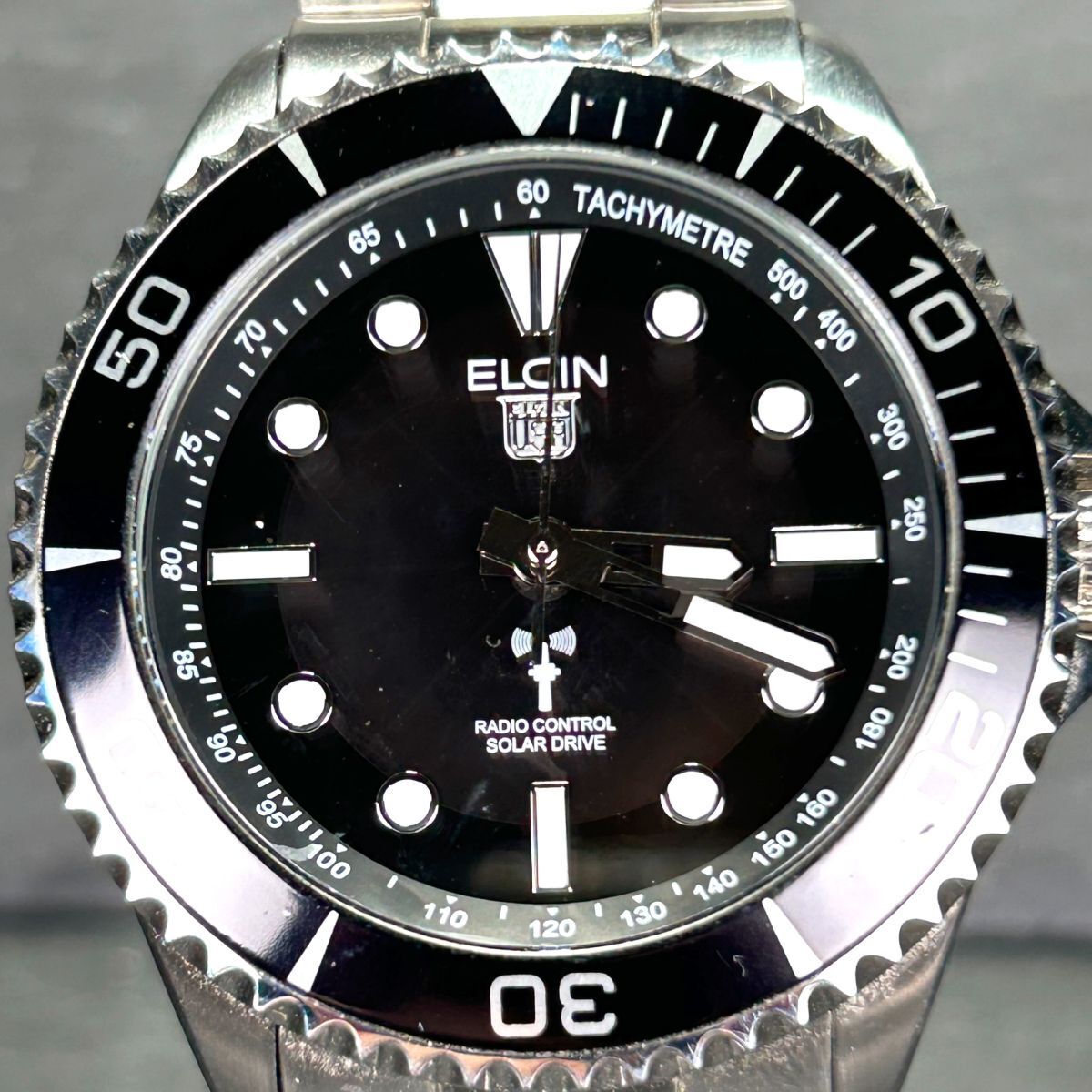 ELGIN エルジン FK1427S-BP 腕時計 電波ソーラー アナログ 3針 ブラック 黒 ステンレススチール メンズ シルバー 回転ベゼル 動作確認済みの画像3