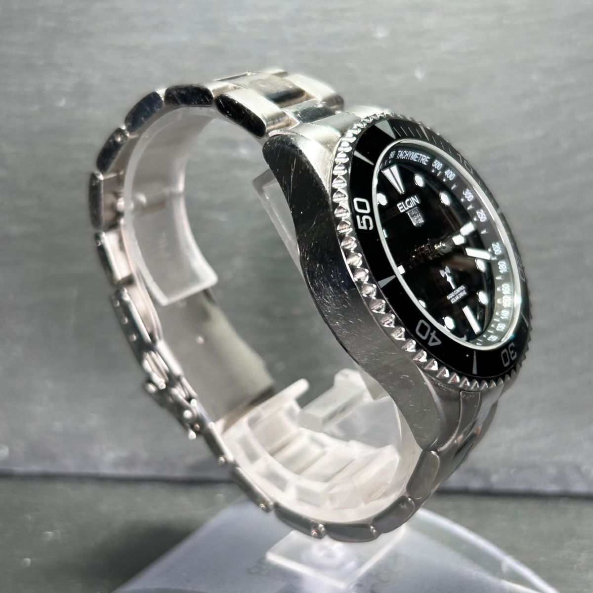 ELGIN エルジン FK1427S-BP 腕時計 電波ソーラー アナログ 3針 ブラック 黒 ステンレススチール メンズ シルバー 回転ベゼル 動作確認済みの画像5