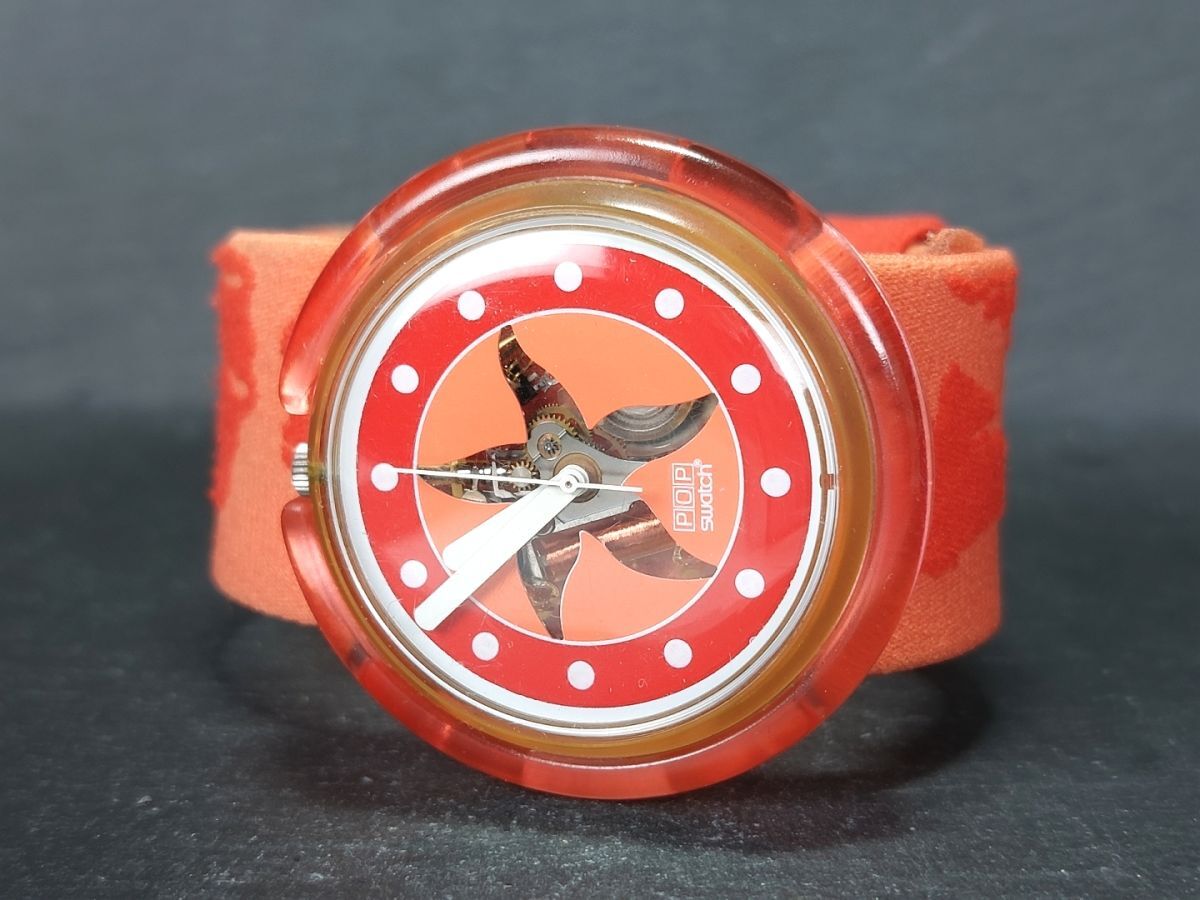 箱付き POP SWATCH ポップスウォッチ RASPBERRY PWK178 アナログ クォーツ 腕時計 レッド スケルトン かわいい 布製ベルト 新品電池交換済の画像6