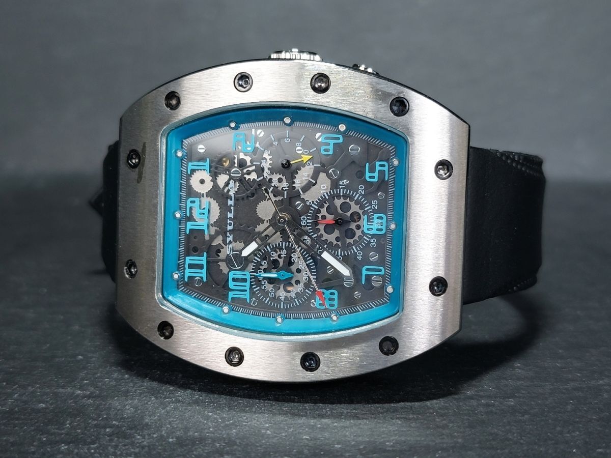 新品 SYULLA シュラ S3104-BL アナログ クォーツ 腕時計 シアンブルー クロノグラフ ラバーベルト ステンレス 新品電池交換済み 動作確認済の画像5