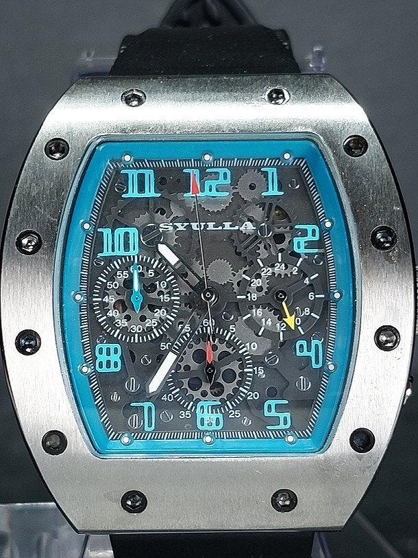 新品 SYULLA シュラ S3104-BL アナログ クォーツ 腕時計 シアンブルー クロノグラフ ラバーベルト ステンレス 新品電池交換済み 動作確認済