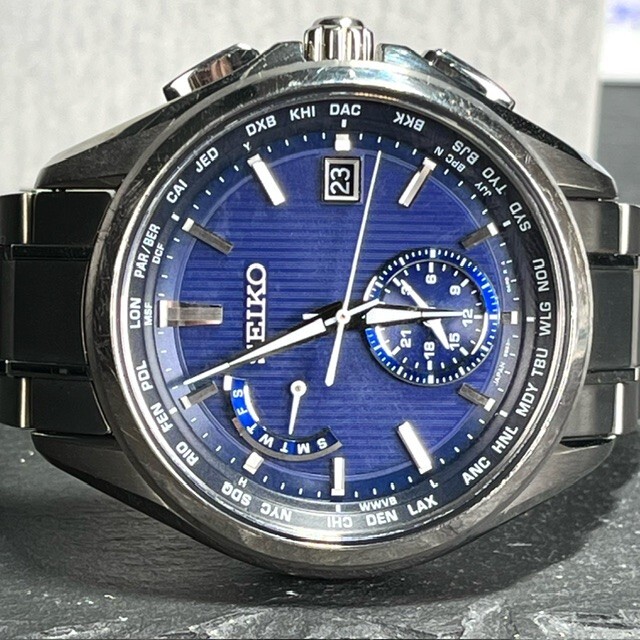 SEIKO BRIGHTZ セイコー ブライツ SAGA285 ソーラー電波 腕時計 ブルー アナログ メンズ チタン デュアルタイム カレンダー ワールドタイム_画像6