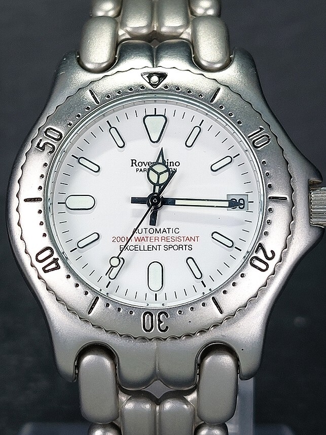 美品 Roven Dino ロマンディーノ 200 アナログ 手巻き式 腕時計 ホワイト文字盤 デイトカレンダー メタルベルト ステンレス 動作確認済みの画像1