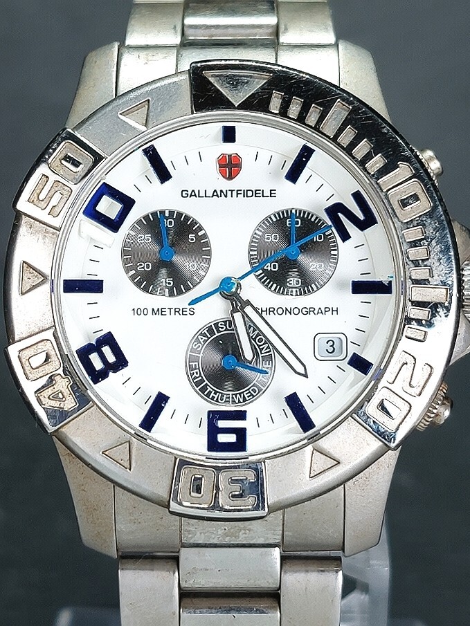 GALLANTFIDELE ギャランフィデル GF-10033 メンズ アナログ クォーツ 腕時計 ホワイト文字盤 クロノグラフ デイトカレンダー メタルベルトの画像1