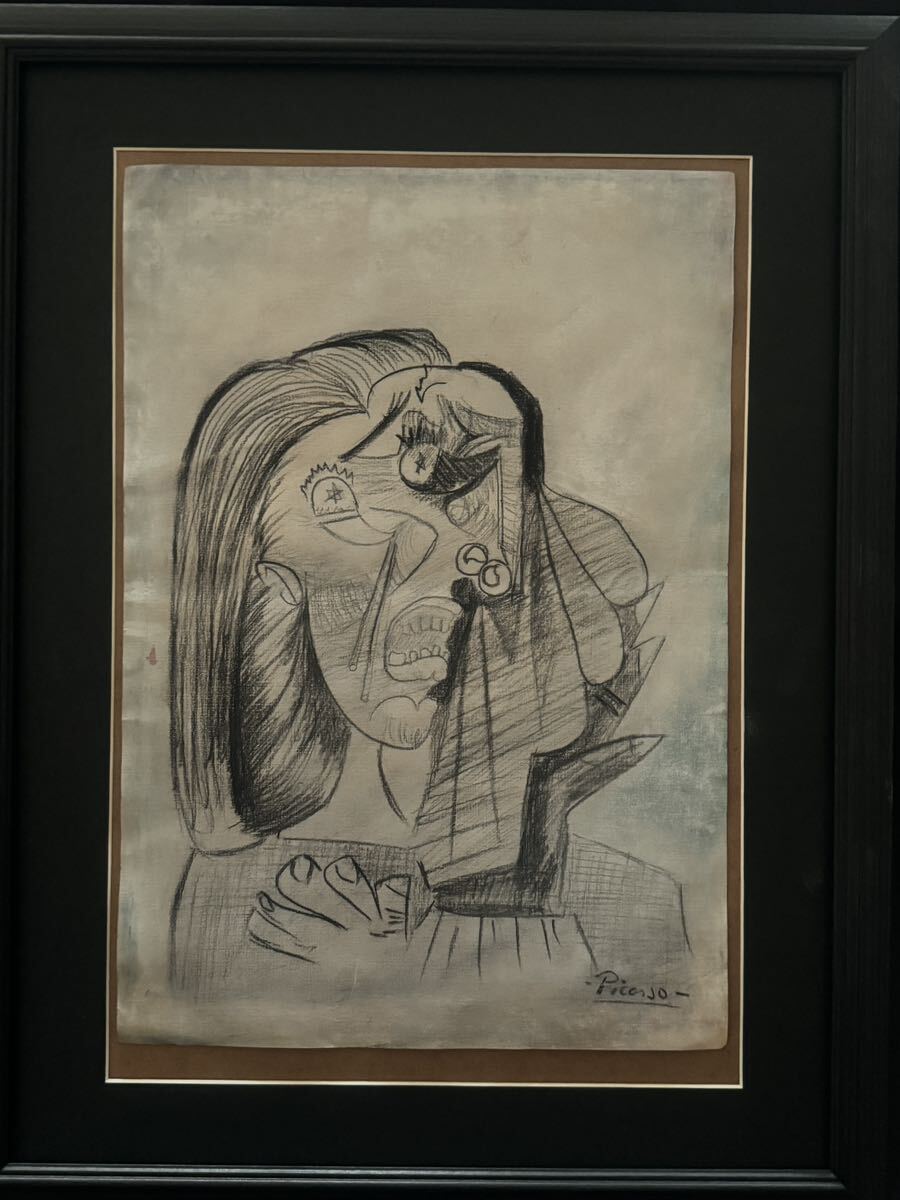 貴重肉筆！パブロ ピカソ Picasso 1937年 「泣く女」 ペン画 水彩 額装 ピカソ展覧会作品票 ピカソ公式印有りの画像5