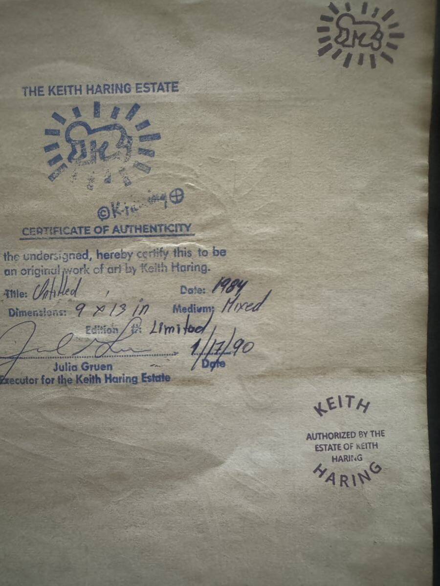 特別出品 キース・ヘリング 原画 人間 1984年 直筆サイン 手書き ミックスメディア/水彩 額装 表にサイン 裏に財団証明印 KHスタンプ_画像7