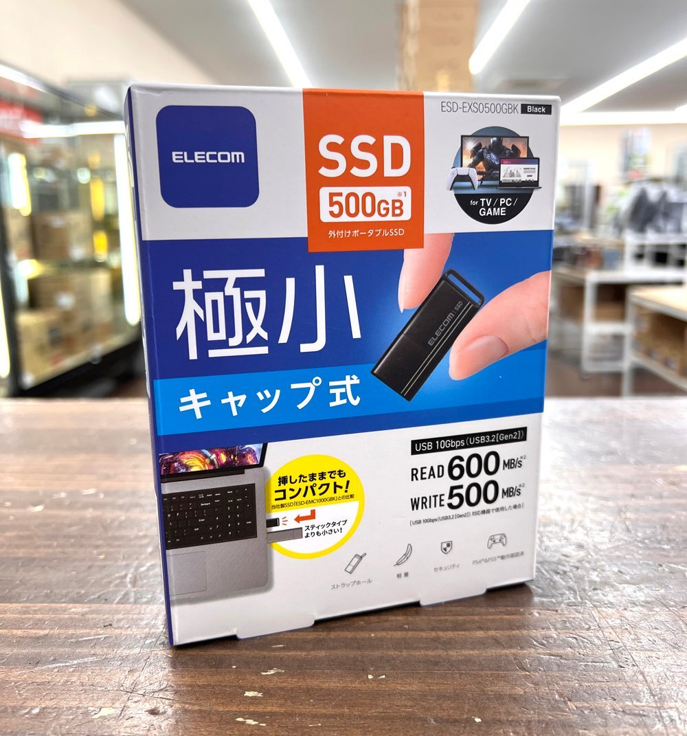 未使用品 エレコム/Elecom SSD 外付けポータブル 500GB ESD-EXS0500GBK ブラック コンパクト キャップ式 TV録画 ゲーム 高速転送の画像1