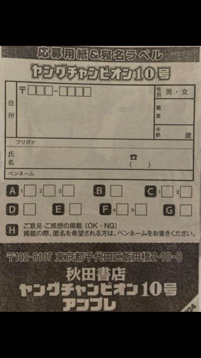 3枚セット☆ヤングチャンピオン 10号 田中美久 アンプレ応募用紙 クオカードなど 応募券 の画像1