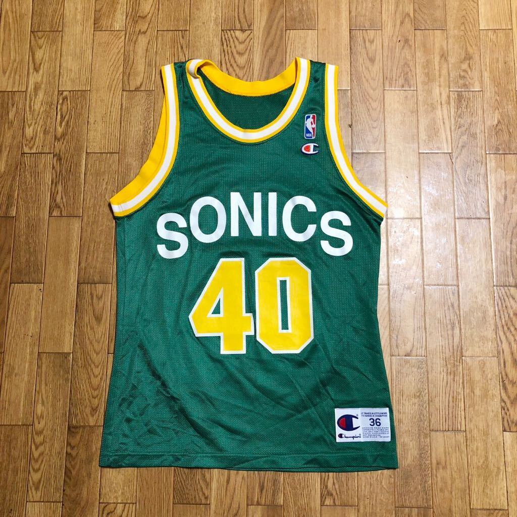90s USA製 champion NBA SONICS KEMP ユニフォーム 緑 黄色 36サイズ 古着 ナンバリング ショーン・ケンプ_画像1