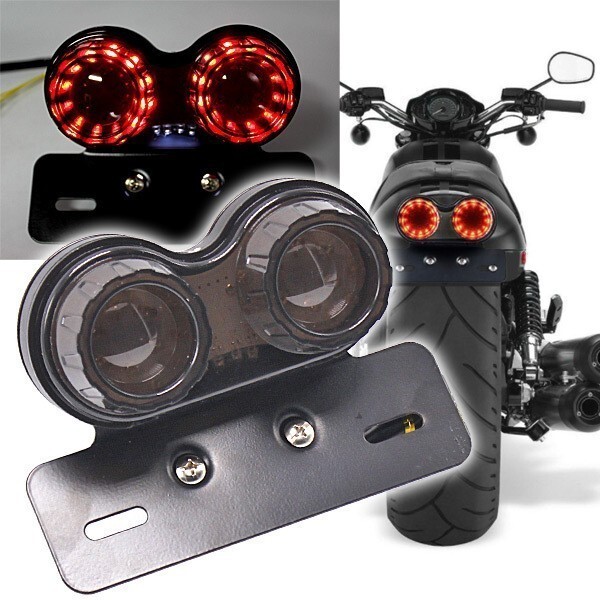 LED ツインテールランプ ブラック ウインカー ブレーキ スモール ナンバー灯 バイク 汎用 一体型 丸型 ステー付きの画像1