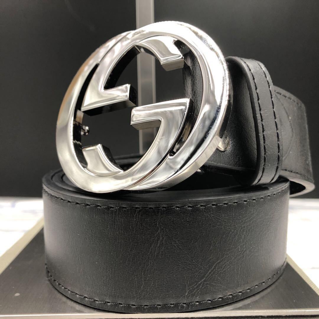 1円【美品/最高級】GUCCI グッチ ベルト インターロッキング デカロゴ GG ブラック 黒 シルバー金具 通勤 通学 仕事 ビジネス メンズ 4cm幅_画像1