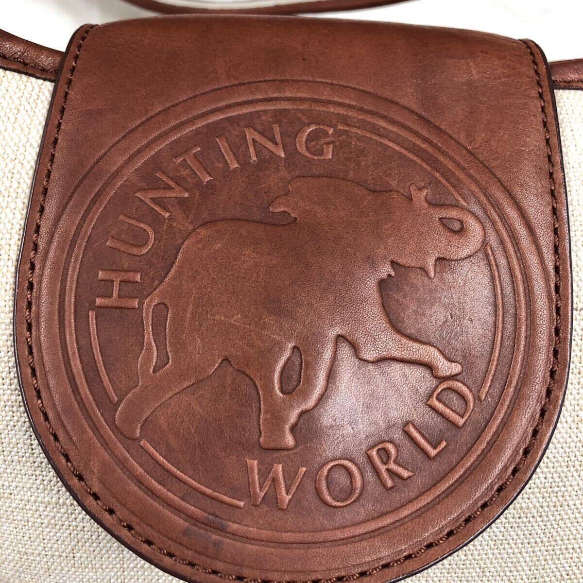 極美品 /希少●HUNTING WORLD ハンティングワールド メンズ ショルダーバッグ ポシェット 斜め掛け サファリ キャンバス レザー ブラウン_画像8