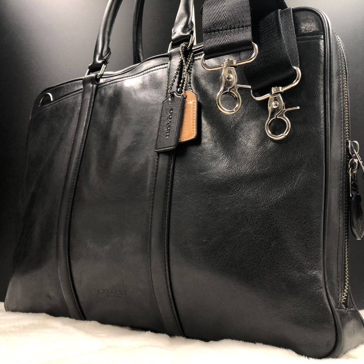 【美品】COACH コーチ メンズ ビジネスバッグ ブリーフケース ショルダー 2way メトロポリタン スリム オールレザー 本革 A4◎ ブラック 黒の画像1