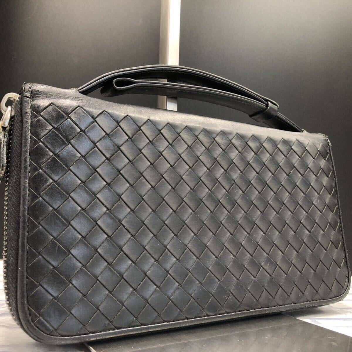 BOTTEGA VENETA ボッテガヴェネタ オーガナイザー 長財布 トラベルケース ラウンドファスナー イントレチャート レザー ブラック 多収納の画像1