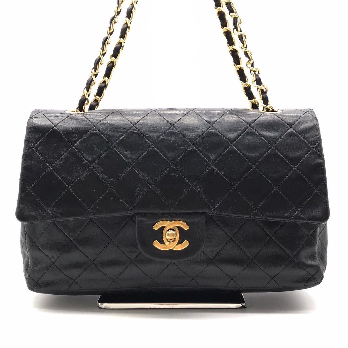 1円 CHANEL シャネル ココマーク マトラッセ25 ラムスキン Wフラップ Wチェーン ターンロック ショルダー バッグ ブラック a2991の画像1