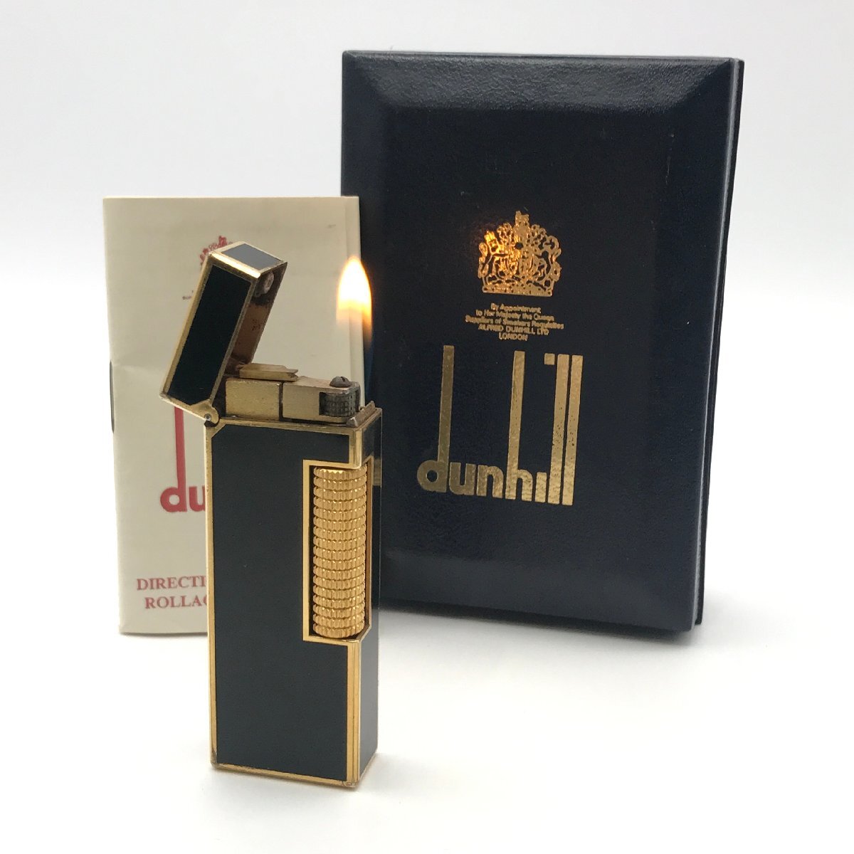 １円 良品 dunhill ダンヒル ローラー ガスライター 漆 ブラックラッカーゴールド 着火良好 a2337の画像1