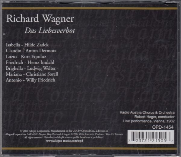 [2CD/Opera d'Oro]ワーグナー:歌劇「恋愛禁制」全曲/H.ツァデク&A.デルモータ他&R.ハーガー&オーストリア放送管弦楽団 1962_画像2