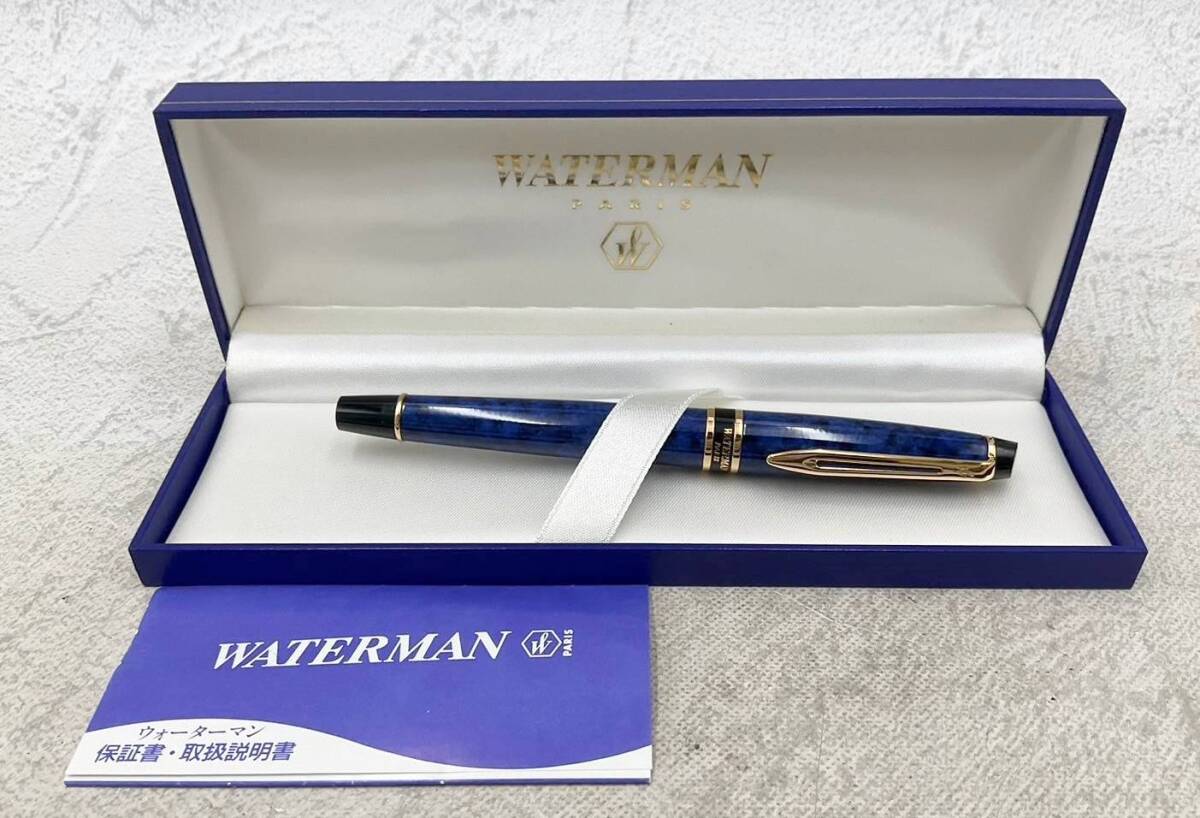 ◇万年筆◆WATERMAN ウォーターマン 万年筆 ブルー ゴールド 付属品あり 箱付き 筆記用具 文房具_画像1