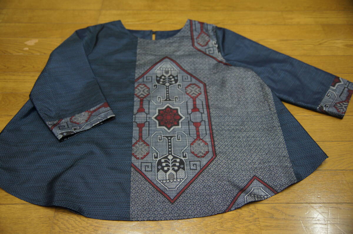  pine crane kimono remake peace pattern hand made 2 kind Ooshima pongee blouse &. mountain Ooshima pongee wide pants set 