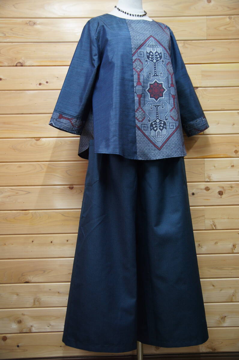  pine crane kimono remake peace pattern hand made 2 kind Ooshima pongee blouse &. mountain Ooshima pongee wide pants set 