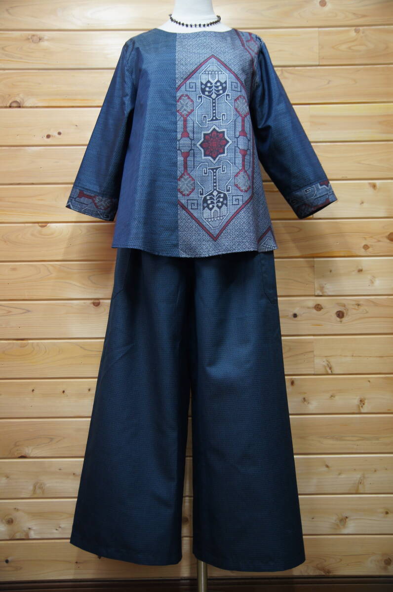  pine crane kimono remake peace pattern hand made 2 kind Ooshima pongee blouse &. mountain Ooshima pongee wide pants set 