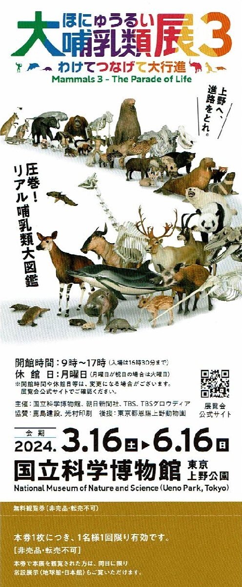 国立科学博物館『大哺乳類展 ３』 無料観覧券の画像1