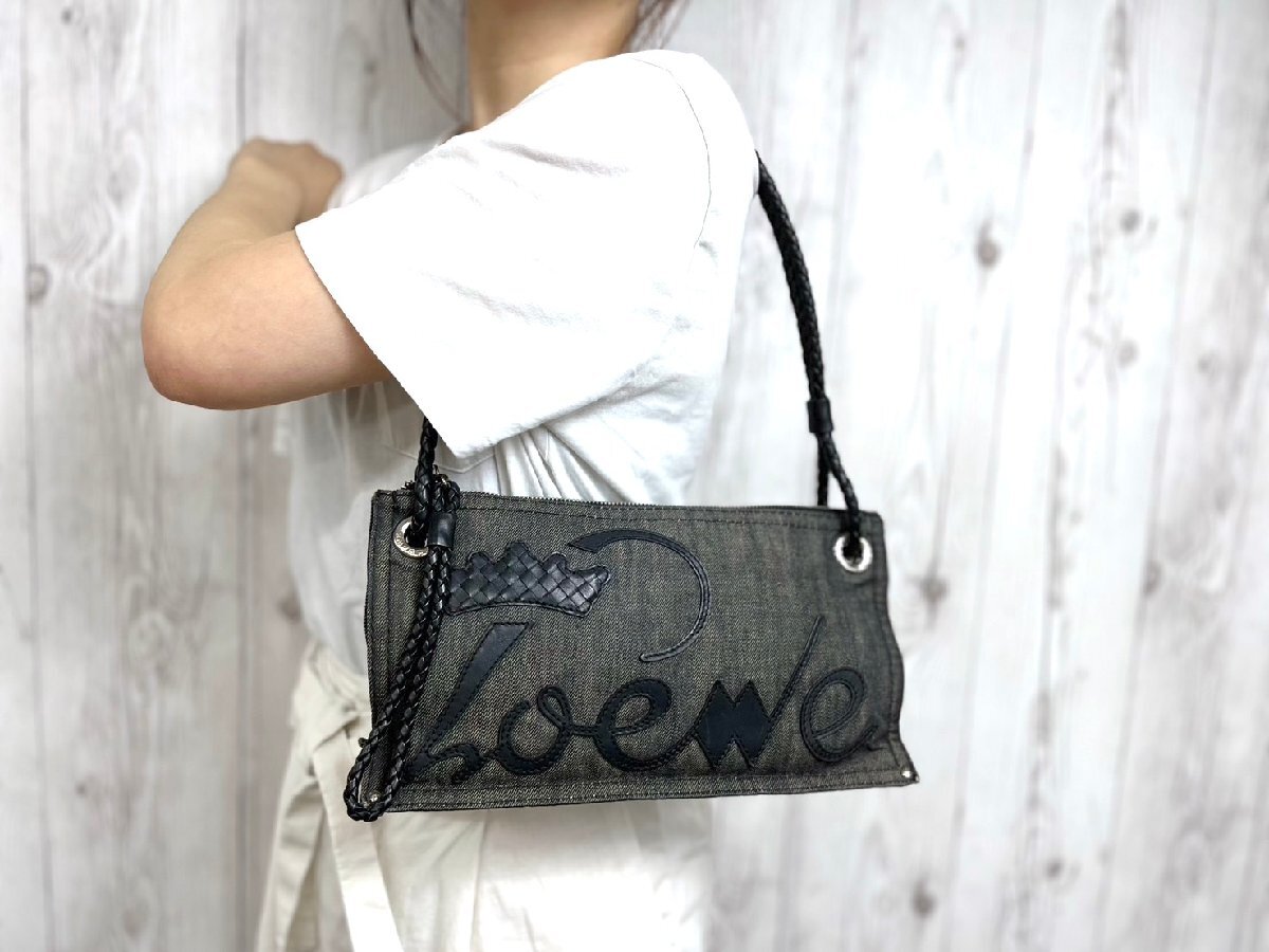 極美品 LOEWE ロエベ ハンドバッグ ショルダーバッグ バッグ デニム×レザー 黒 70210Yの画像1