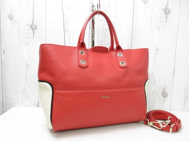 極美品 FURLA フルラ ハンドバッグ ショルダーバッグ バッグ レザー 赤×クリーム系 2WAY 70286_画像2