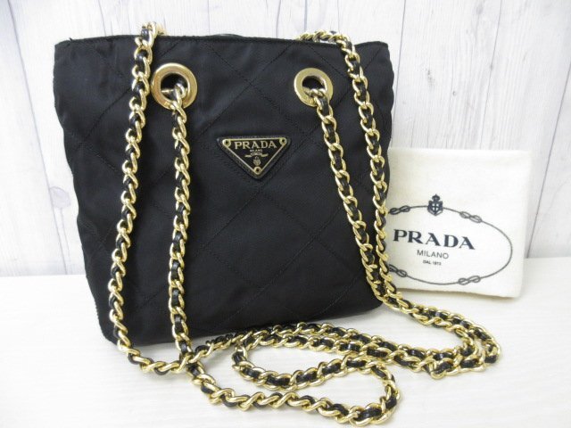 極美品 PRADA プラダ テスート キルティング ゴールドチェーン ショルダーバッグ バッグ ナイロン×サフィアーノレザー 黒 70527Y_画像2