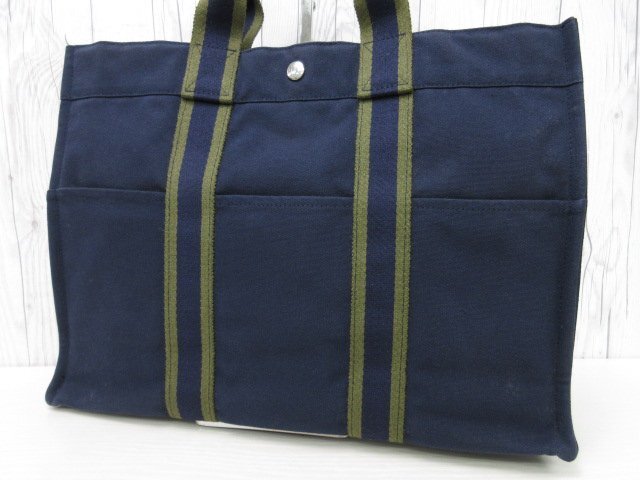 極美品 HERMES エルメス フールトゥMM トートバッグ ハンドバッグ バッグ キャンバス 紺×緑 A4収納可 メンズ 70768の画像9